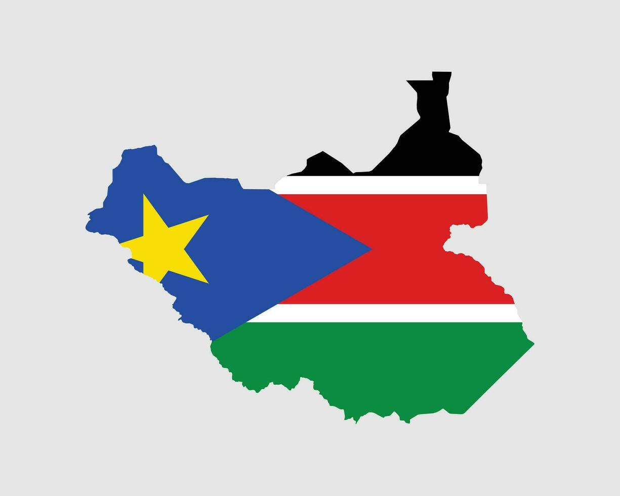 Süd Sudan Flagge Karte. Karte von das Republik von Süd Sudan mit das Süd Sudanesen Land Banner. Vektor Illustration.