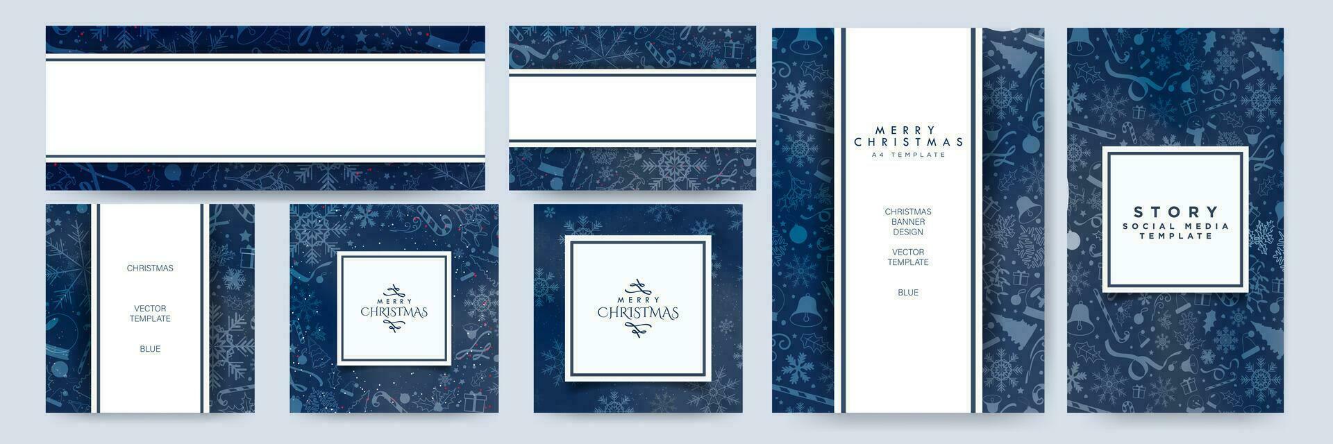uppsättning av blå lutning jul bakgrund med geometrisk vit utrymmen för texter och mönster, dekorerad med jul element. hälsning kort affischer, a4 brev, banderoller, social media berättelse vertikal. vektor