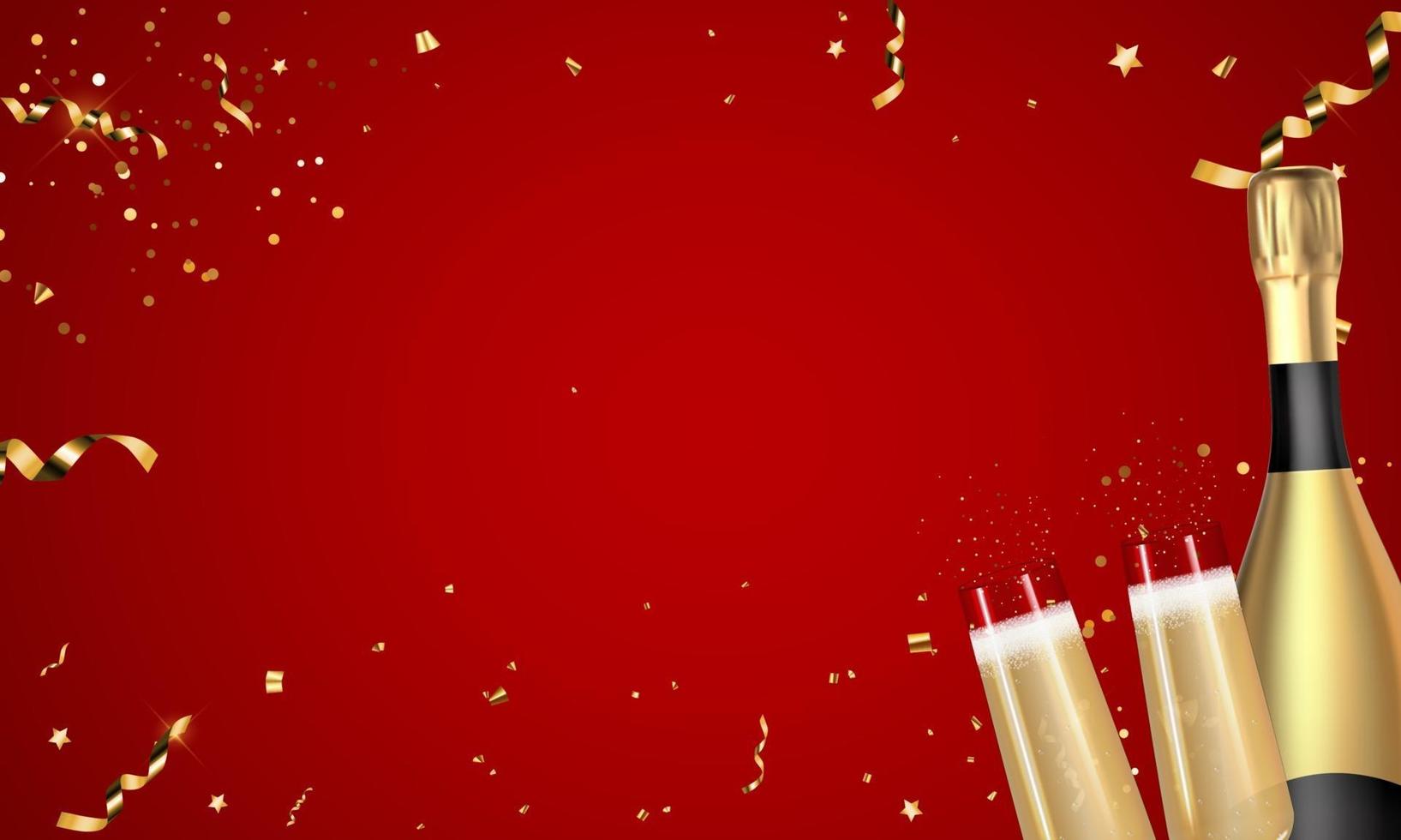 abstrakt röd fest semester bakgrund med konfetti och gyllene band, champagneflaska och glas. vektor illustration