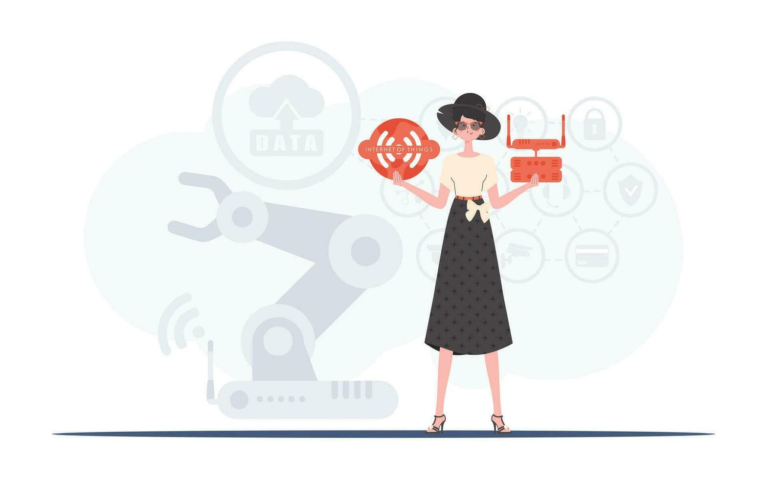 internet av saker och automatisering begrepp. en kvinna är innehav ett internet sak ikon i henne händer. router och server. Bra för webbplatser och presentationer. trendig platt stil. vektor illustration.