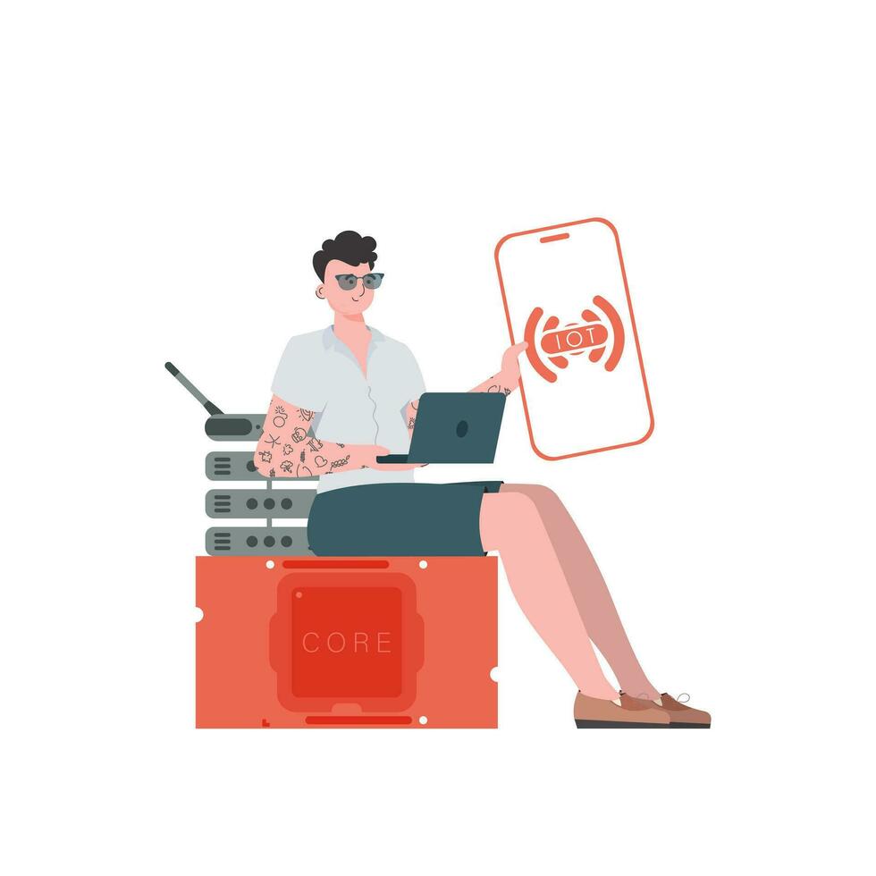 das Kerl ist halten ein Telefon mit das iot Logo im seine Hände. iot und Automatisierung Konzept. Vektor Illustration im eben Stil.