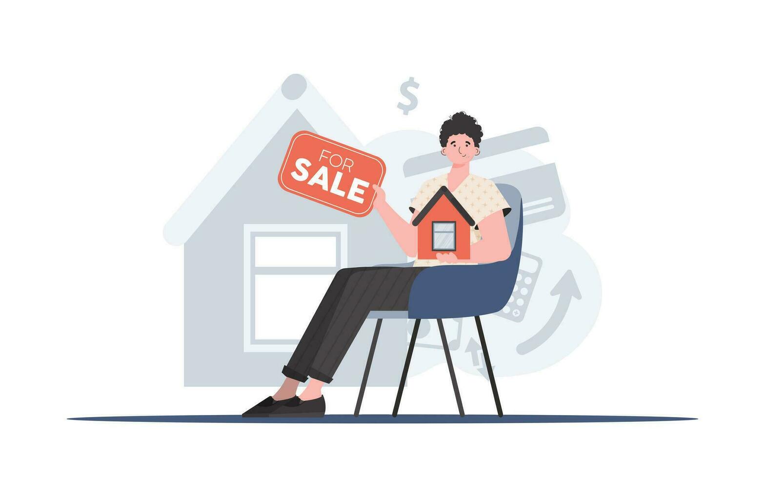 ein Mann sitzt auf ein Stuhl und hält ein zum Verkauf Zeichen im seine Hände. das Konzept von Verkauf ein Haus. modisch Stil. Vektor Illustration.