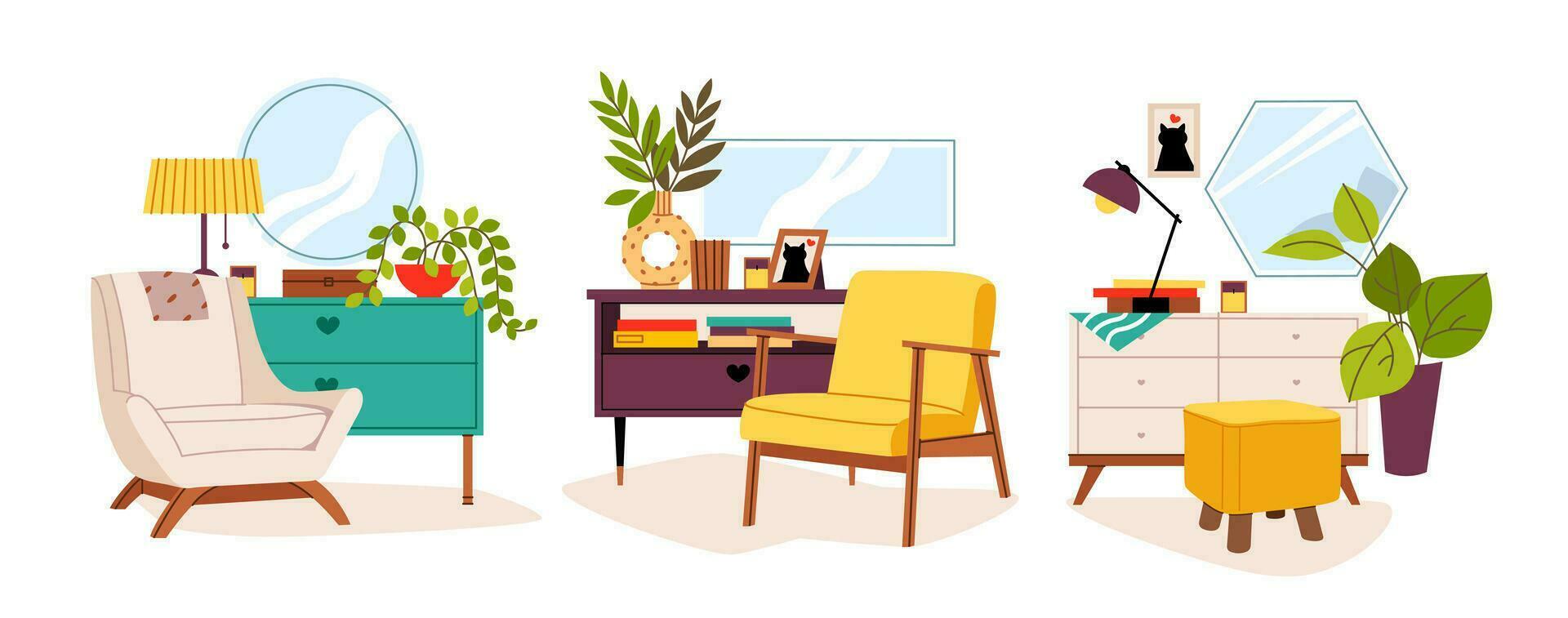 gemütlich Innere von ein Zimmer. komfortabel Wohnung mit ein Sessel, ein Bett Tabelle und ein Topf mit ein Pflanze. eben modern Vektor Illustration.