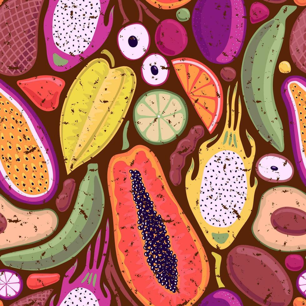 braun Vektor nahtlos retro Hintergrund mit hell mehrfarbig tropisch Früchte im Pop Kunst Stil