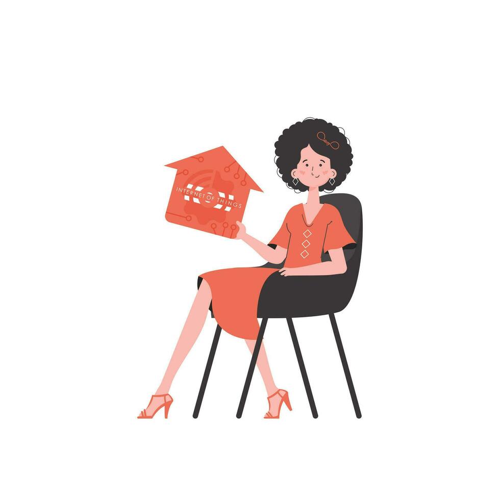 das Mädchen sitzt im ein Stuhl und hält ein Symbol von ein Haus im ihr Hände. Internet von Dinge Konzept. isoliert auf Weiß Hintergrund. Vektor Illustration im eben Stil.