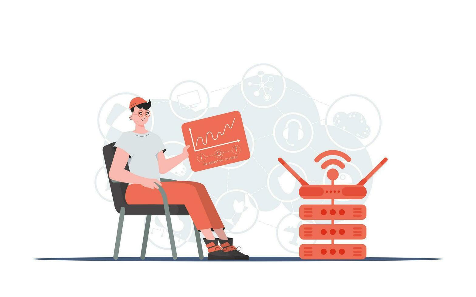 Internet von Dinge Konzept. ein Mann sitzt im ein Stuhl und hält ein Panel mit Analysatoren und Indikatoren im seine Hände. gut zum Websites und Präsentationen. Vektor Illustration im modisch eben Stil.