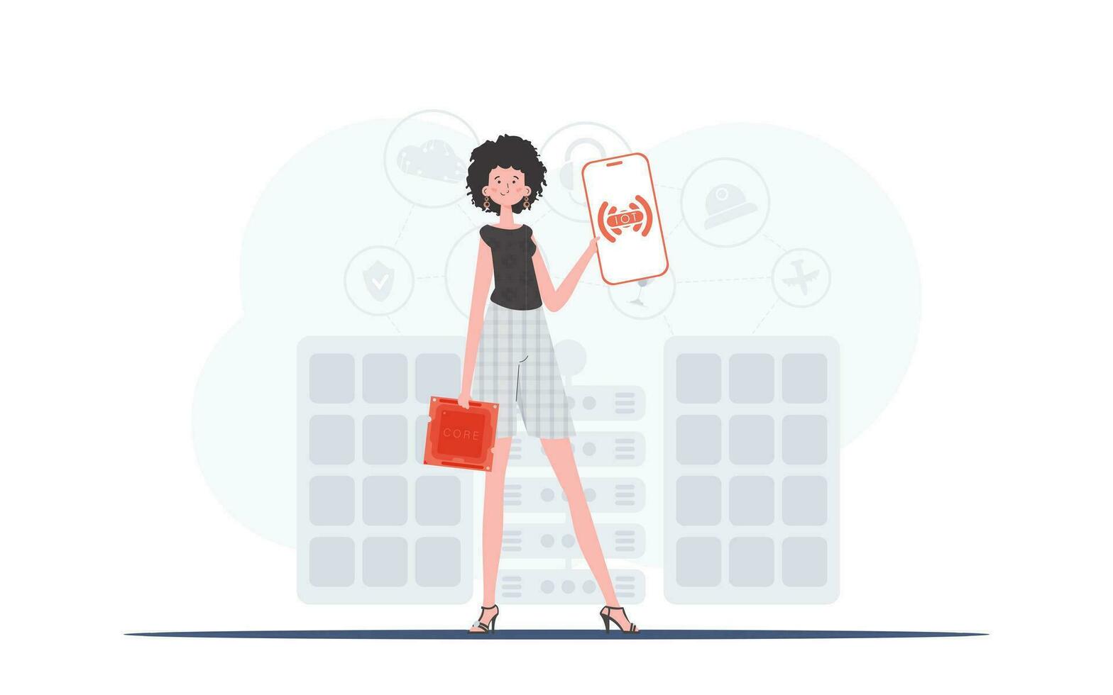Internet von Dinge und Automatisierung Konzept. das Mädchen ist halten ein Telefon mit das iot Logo im ihr Hände. Vektor Illustration im eben Stil.