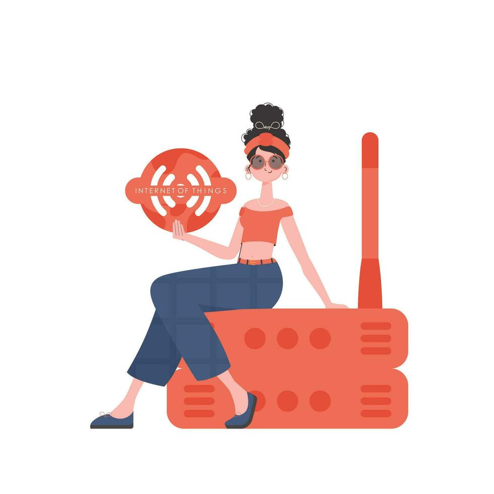 en kvinna är innehav ett internet sak ikon i henne händer. router och server. internet av saker och automatisering begrepp. isolerat. vektor illustration i platt stil.