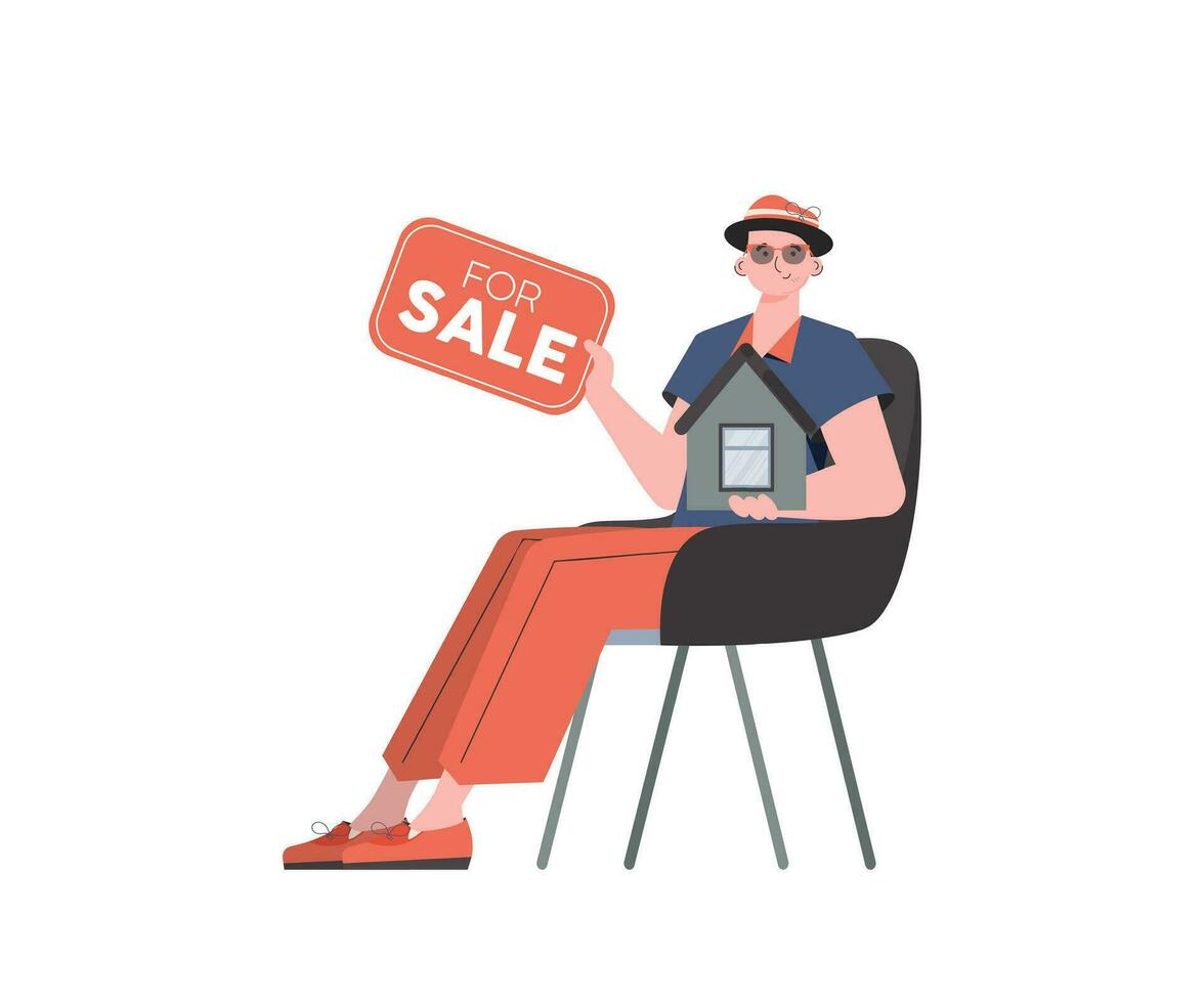 ein Mann sitzt auf ein Stuhl mit ein Zeichen im seine Hände zum Verkauf. Verkauf ein Haus oder echt Anwesen. isoliert. Vektor Illustration.