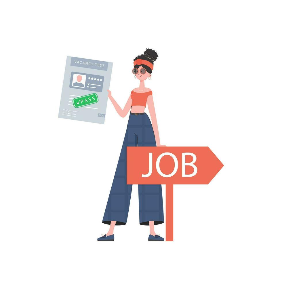 ein Frau hält im ihr Hände ein bestanden Prüfung zum ein freie Stelle. Job Suche und Mensch Ressource Konzept. isoliert auf Weiß Hintergrund. Trend Stil, Vektor Illustration.