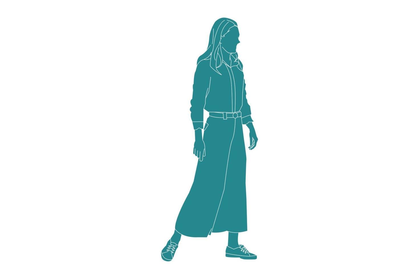 vektor illustration av avslappnad kvinna med lång kjol, platt stil med disposition