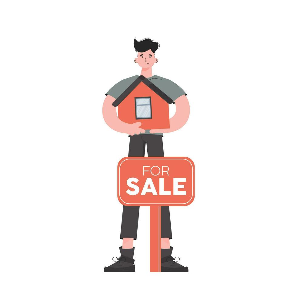 ein Mann steht im voll Wachstum mit ein Zeichen zum Verkauf Nächster zu das Haus. isoliert. eben Stil. Element zum Präsentationen, Websites. vektor