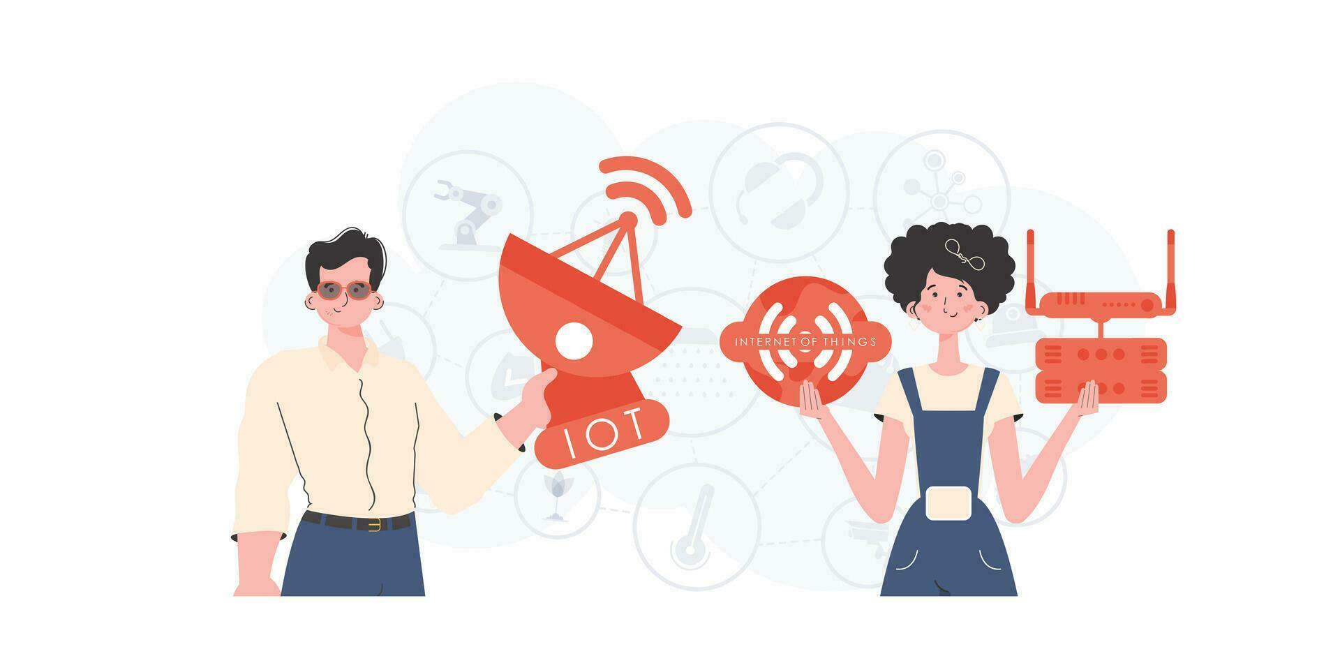 iot und Automatisierung Konzept. ein Mann und ein Frau sind ein Mannschaft im das Feld von das Internet von Dinge. gut zum Präsentationen und Webseiten. Vektor Illustration im eben Stil.