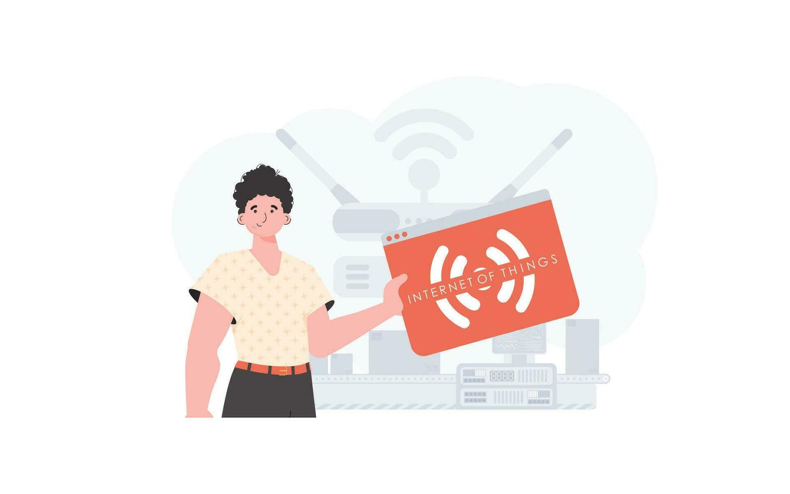 das Kerl ist halten ein Internet Sache Symbol im seine Hände. iot Konzept. gut zum Websites und Präsentationen. Vektor Illustration im eben Stil.