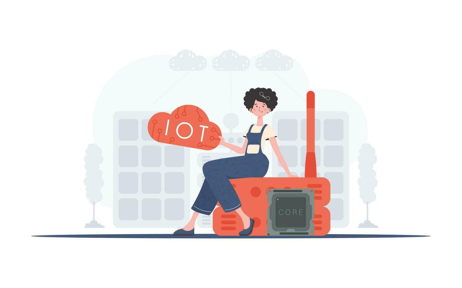 Internet von Dinge Konzept. ein Frau sitzt auf ein Router und hält das Internet von Dinge Logo im ihr Hände. modisch eben Stil. Vektor. vektor