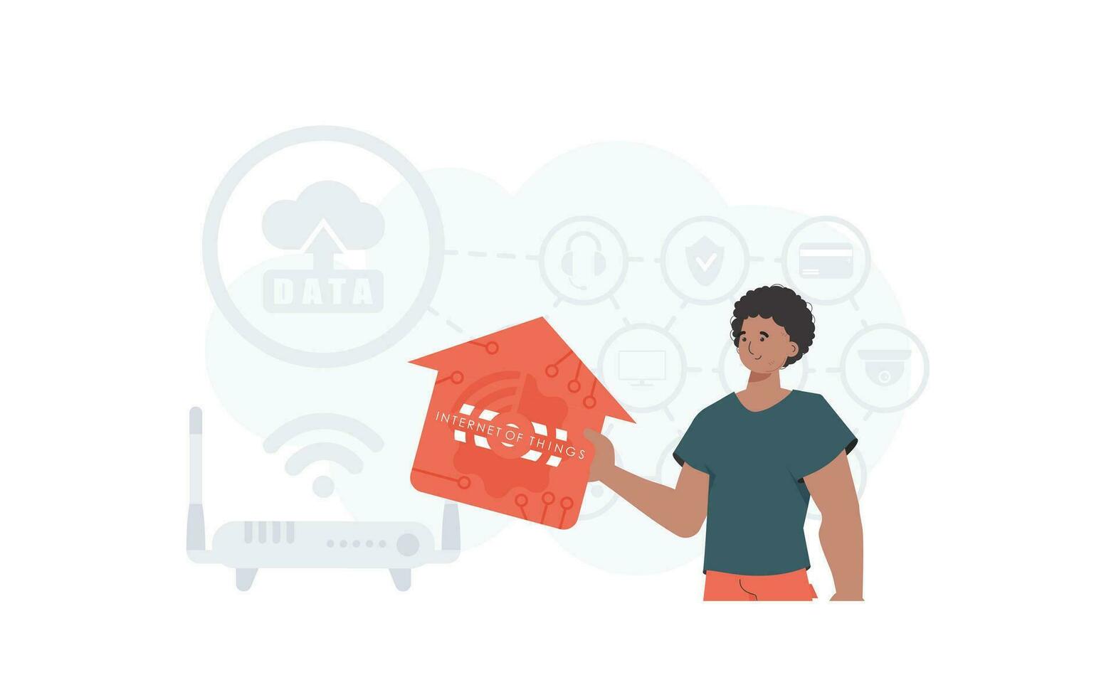 de man är avbildad midjedjup, innehav ett ikon av en hus i hans händer. internet av saker och automatisering begrepp. Bra för presentationer och webbplatser. vektor illustration i platt stil.
