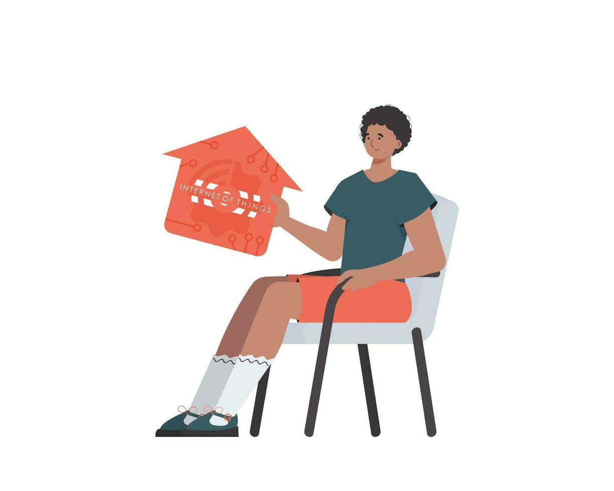 ein Mann sitzt im ein Stuhl und hält ein Haus Symbol im seine Hände. Internet von Dinge Konzept. isoliert auf Weiß Hintergrund. Vektor Illustration im eben Stil.
