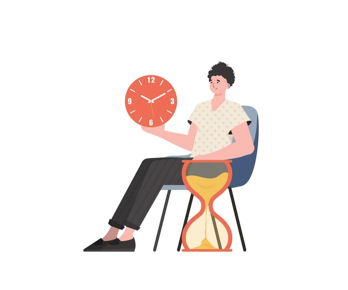 en man sitter i en stol med ett timglas. isolerat. element för presentation. vektor