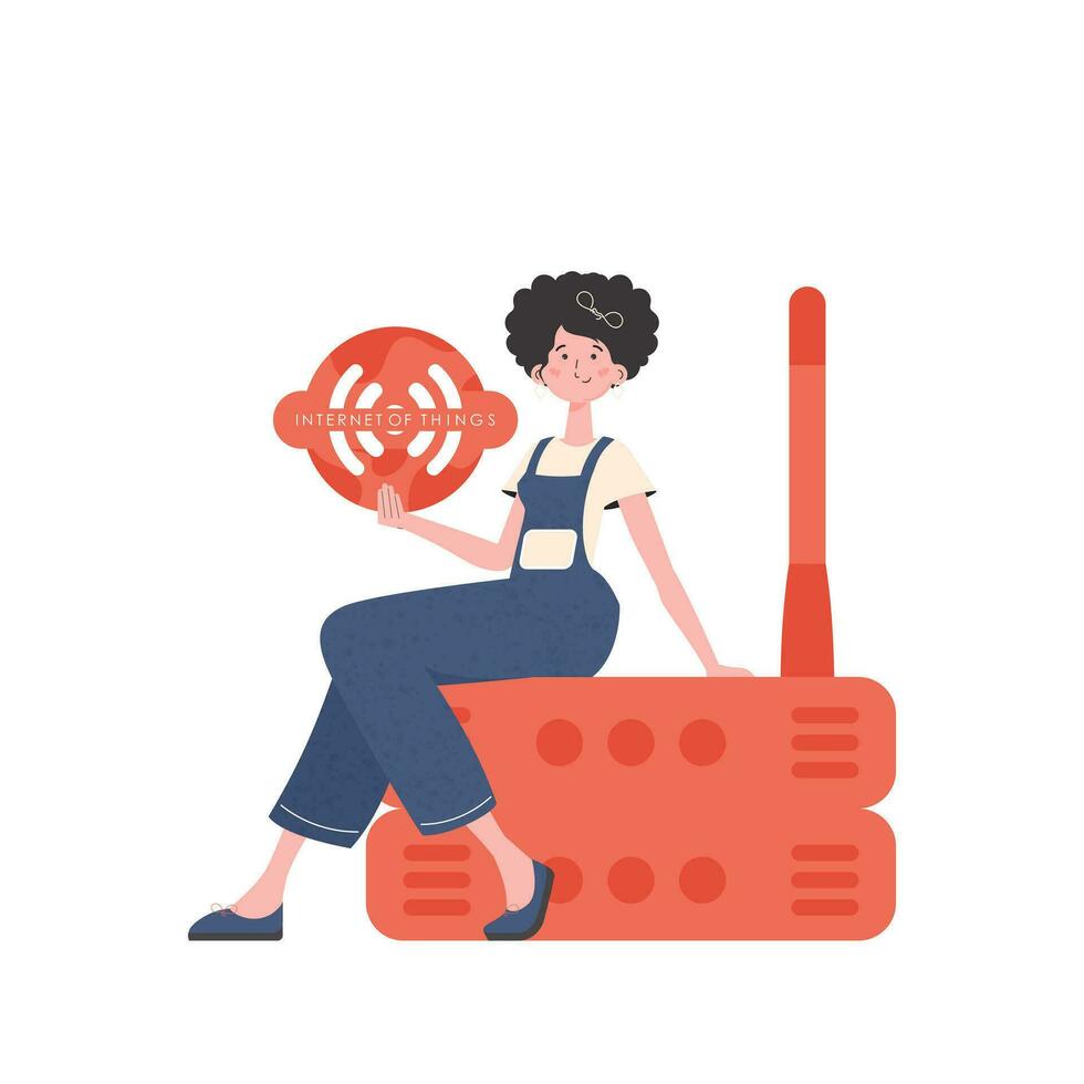 ein Frau ist halten ein Internet Sache Symbol im ihr Hände. Router und Server. Internet von Dinge und Automatisierung Konzept. isoliert. Vektor Illustration im modisch eben Stil.