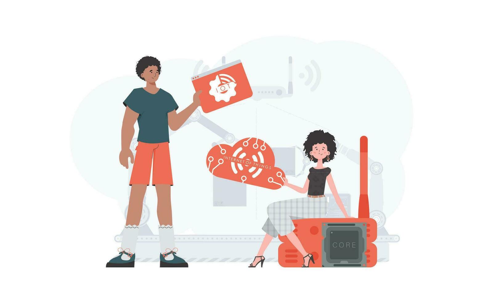 ein Mann und ein Frau sind ein Mannschaft im das Feld von das Internet von Dinge. iot Konzept. gut zum Präsentationen und Webseiten. Vektor Illustration im modisch eben Stil.