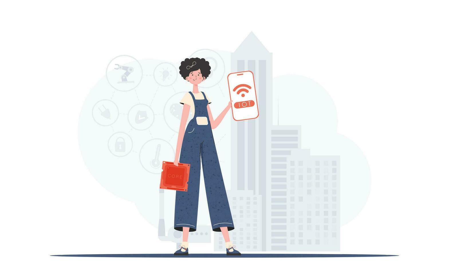 iot und Automatisierung Konzept. ein Frau hält ein Telefon mit das iot Logo im ihr Hände. Vektor Illustration im eben Stil.