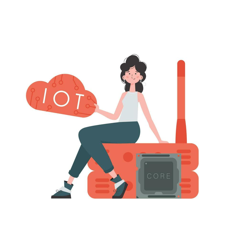 ein Frau sitzt auf ein Router und hält das Internet von Dinge Logo im ihr Hände. Internet von Dinge Konzept. isoliert. Vektor Illustration im eben Stil.