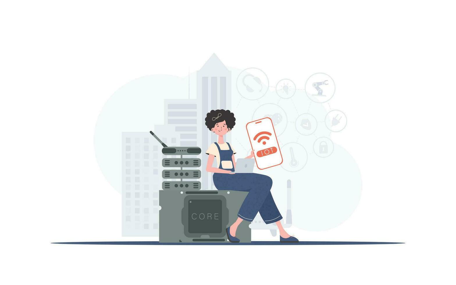 Internet von Dinge Konzept. das Mädchen ist halten ein Telefon mit das iot Logo im ihr Hände. Vektor Illustration im eben Stil.