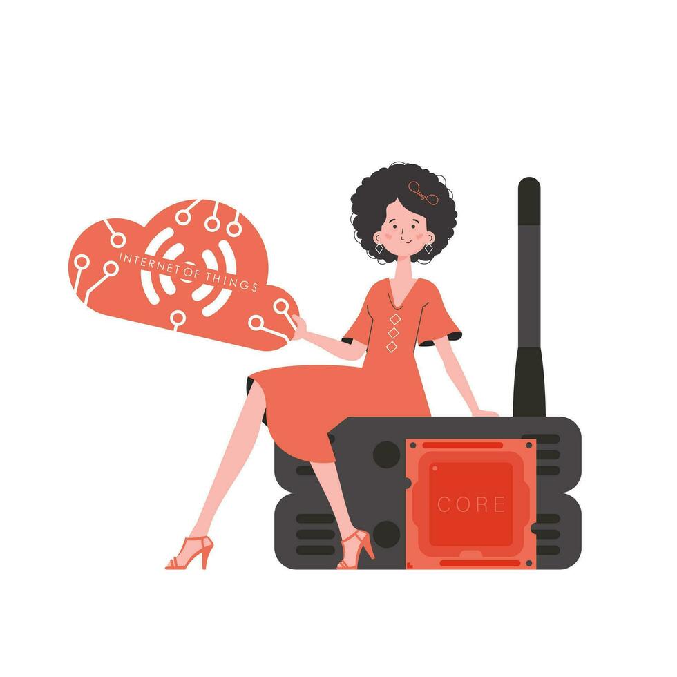 ein Frau sitzt auf ein Router und hält das Internet von Dinge Logo im ihr Hände. Internet von Dinge Konzept. isoliert. Vektor Illustration im modisch eben Stil.