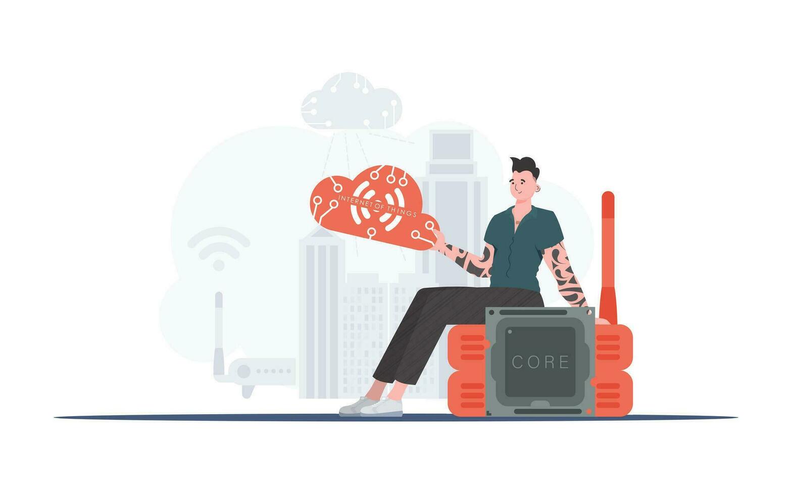 iot Konzept. das Kerl sitzt auf das Router und hält das Internet von Dinge Logo im seine Hände. Vektor Illustration.