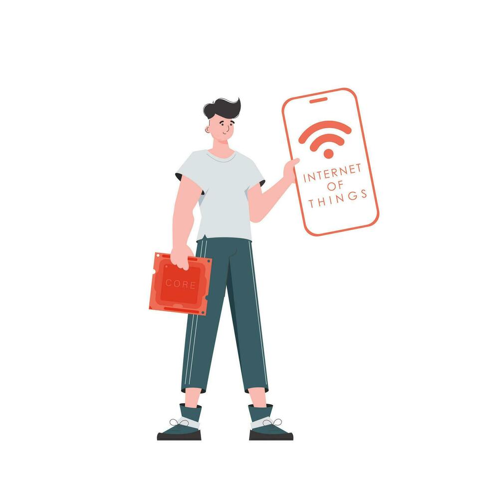 ein Mann hält ein Telefon mit das iot Logo im seine Hände. iot und Automatisierung Konzept. modisch eben Stil. Vektor Illustration.