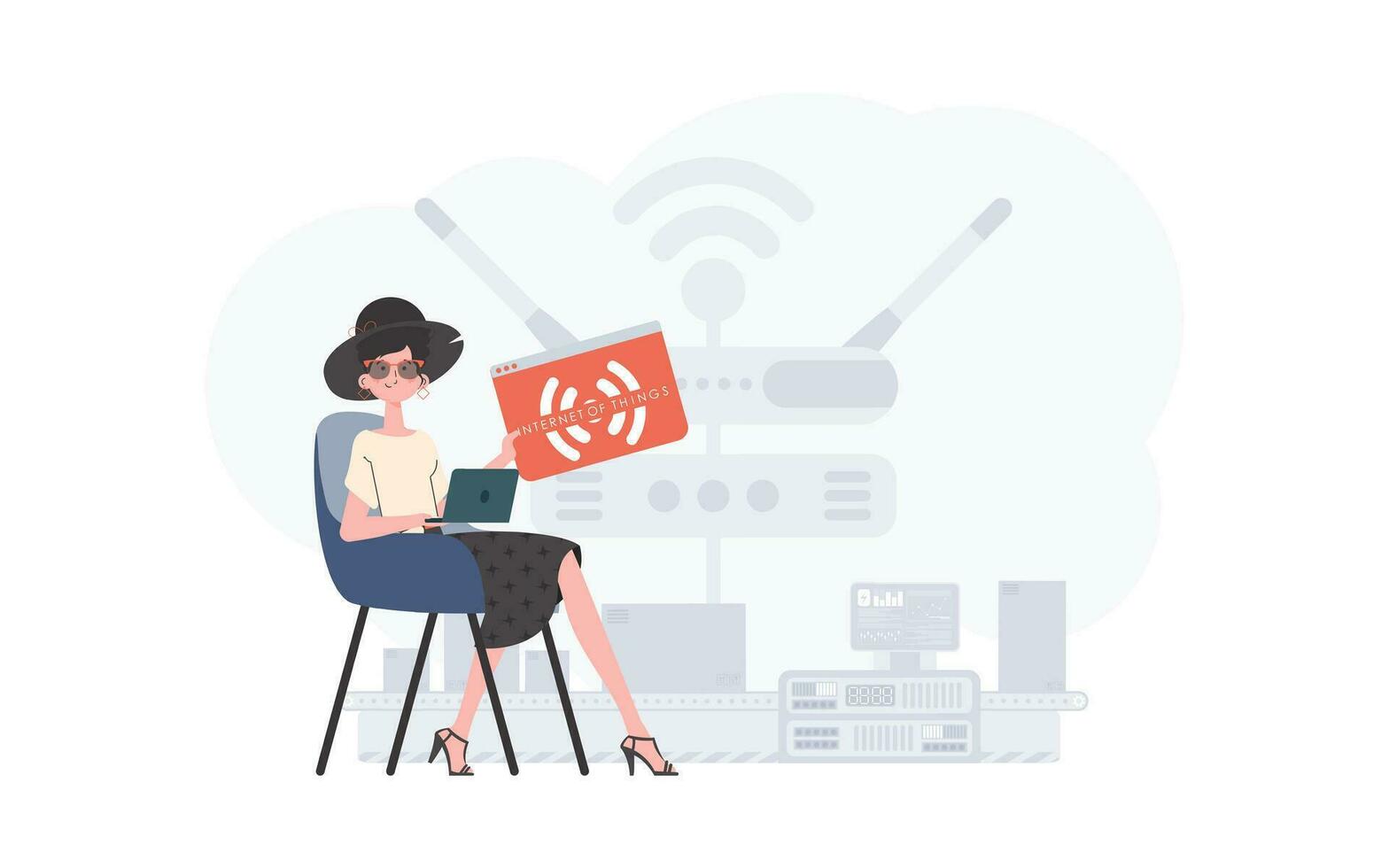 ein Frau ist halten ein Internet Sache Symbol im ihr Hände. iot Konzept. gut zum Präsentationen und Webseiten. Vektor Illustration.