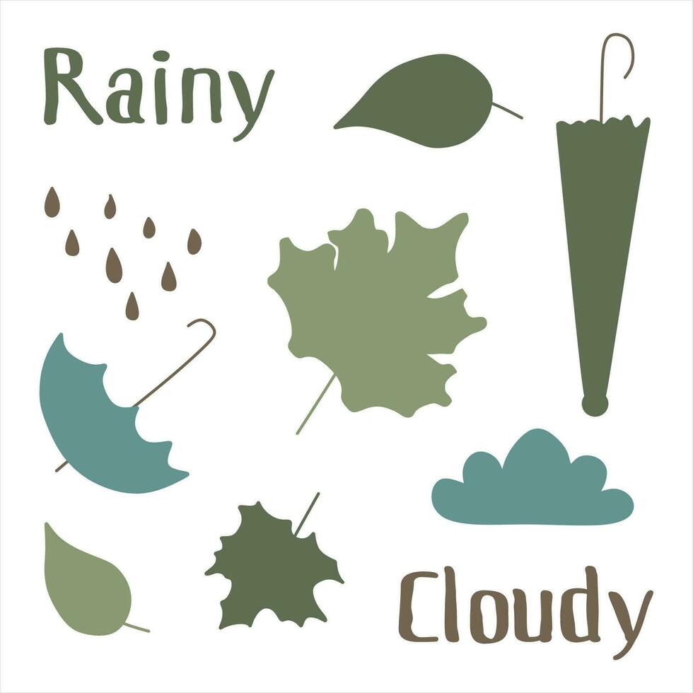 höst eller vår tecknad serie uppsättning. vektor platt säsong- natur samling. paraply, blad, löv, regn, text, text, moln. design element för försäljning, baner, paket.