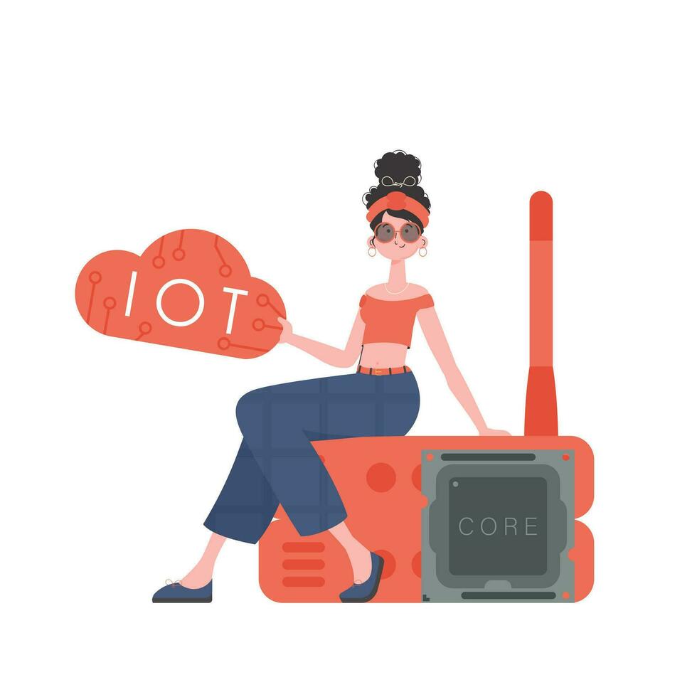 en kvinna sitter på en router och innehar de internet av saker logotyp i henne händer. internet av saker begrepp. isolerat. vektor illustration.