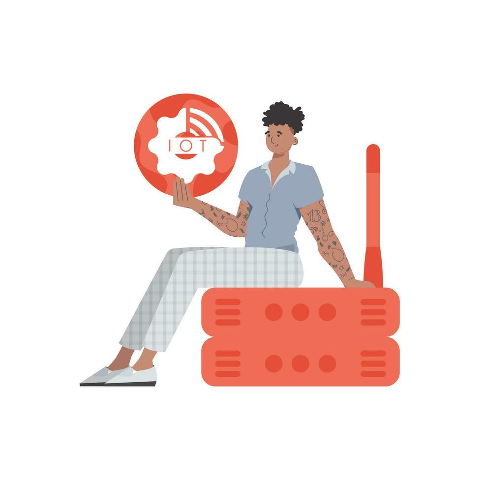 en man innehar ett internet sak ikon i hans händer. router och server. internet av saker och automatisering begrepp. isolerat. vektor illustration.