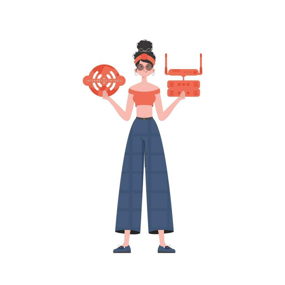 ein Frau ist halten ein Internet Sache Symbol im ihr Hände. Router und Server. iot Konzept. isoliert. Vektor Illustration im modisch eben Stil.