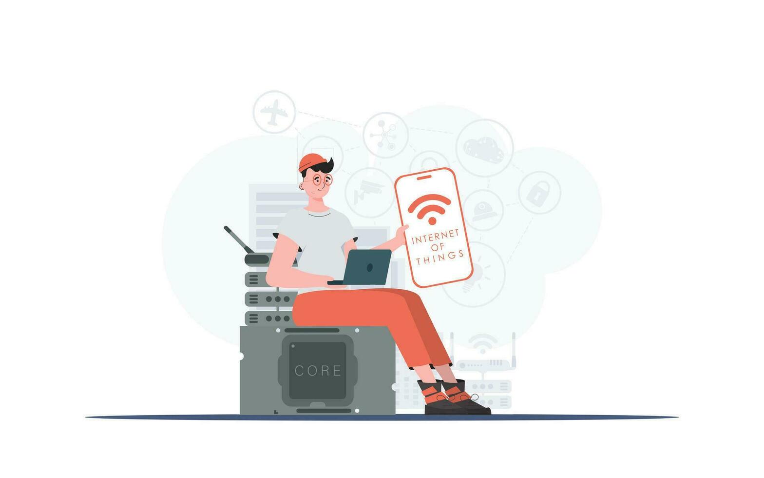 Internet von Dinge Konzept. ein Mann hält ein Telefon mit das iot Logo im seine Hände. modisch eben Stil. Vektor Illustration.