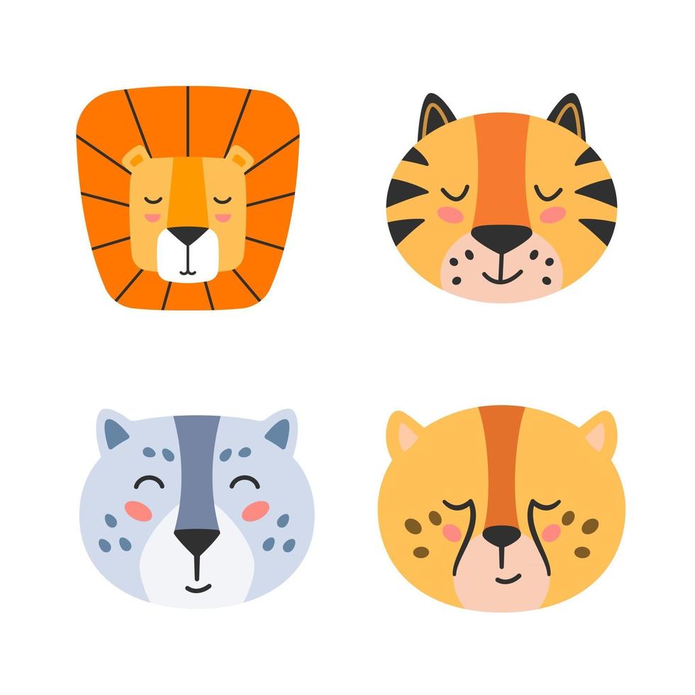 süße wilde Katzengesichter. Löwe, Tiger, Gepard, Leopard. vektor