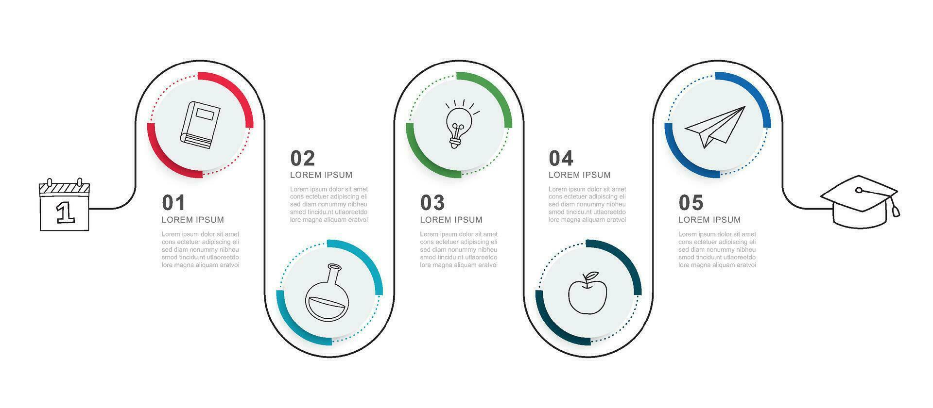 zurück zu Schule Infografiken Kreis Zeitleiste mit 5 Nummer Daten Vorlage. Vektor Illustration Bildung Erfolg Hintergrund.