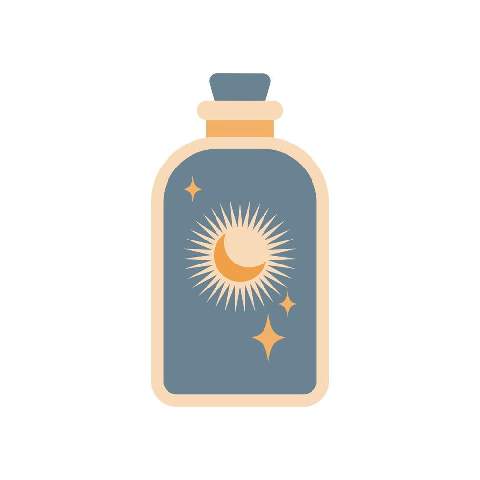 Flaschensilhouette mit magischem Elixier oder Gift mit Sonne und Mond isoliert auf weißem Hintergrund. Boho-Trank-Flaschen-Silhouette. okkulte Vektorillustration. Alchemie-Design-Element. esoterisches mystisches Poster vektor