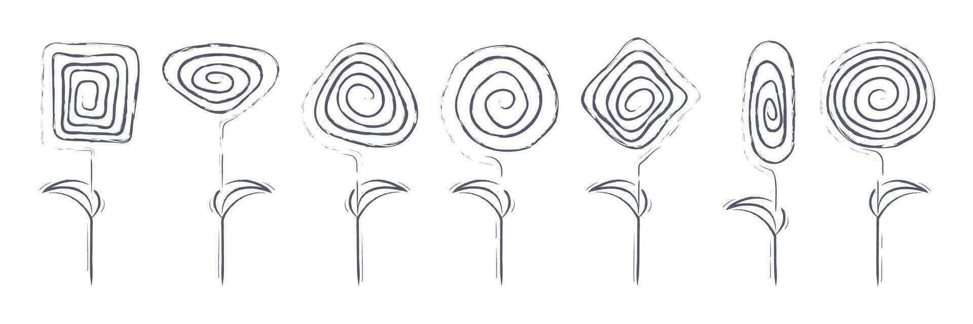 abstrakt blommor isolerat. uppsättning av spiral geometrisk former i de form av blommor. modern linjär element för affischer, kosmetika, kort, inbjudan mallar, textil- och grafisk design. vektor. vektor