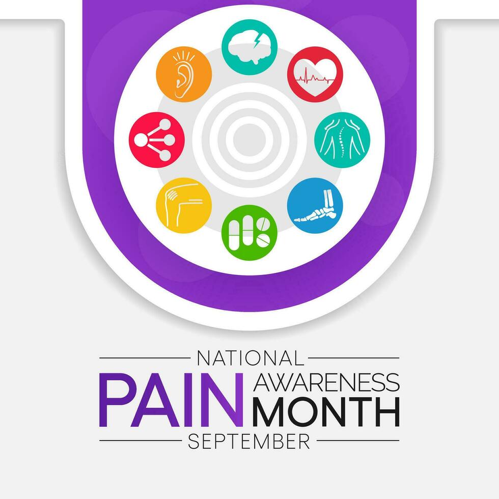 smärta medvetenhet månad är observerats varje år i september, till höja offentlig medvetenhet av frågor i de område av smärta och smärta förvaltning. vektor illustration