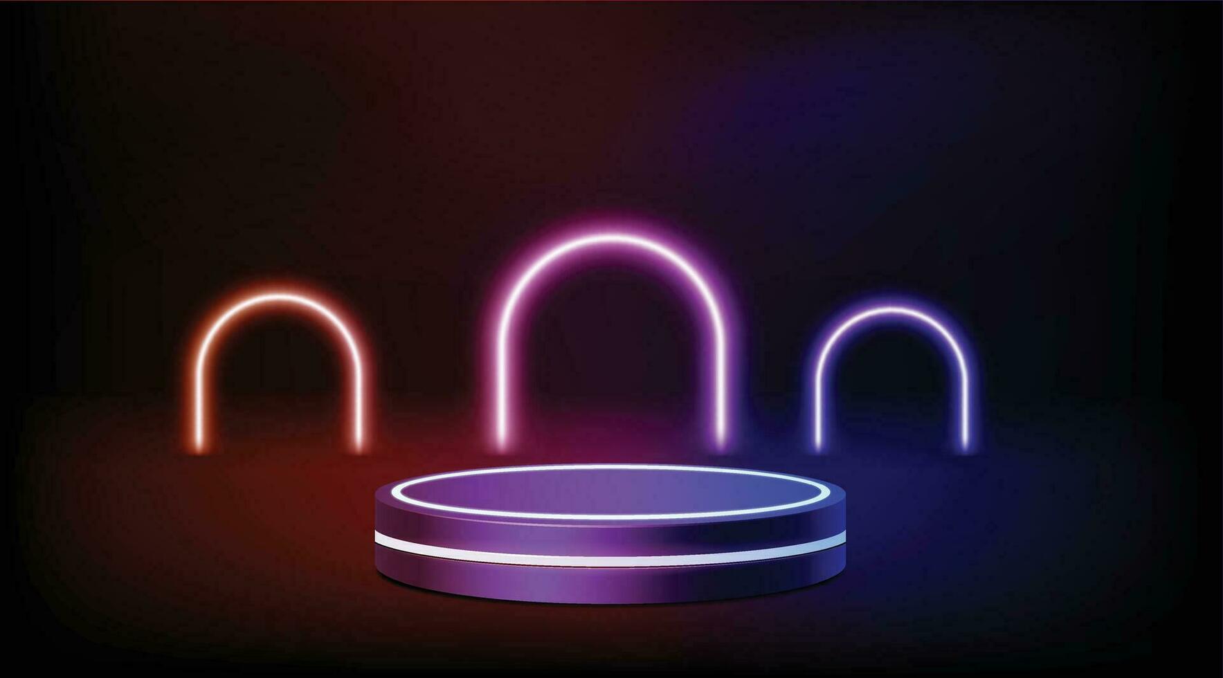 futuristische cyber-bühne mit 3d-blauem neonpodium, das für die präsentation der produktpräsentation in der dunkelheit leuchtet vektor