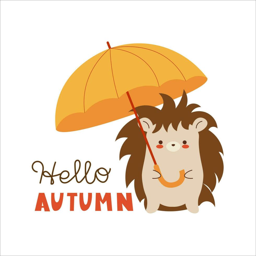 Herbst Igel zum Karte. fallen Regenschirm. Karikatur Vektor Illustration