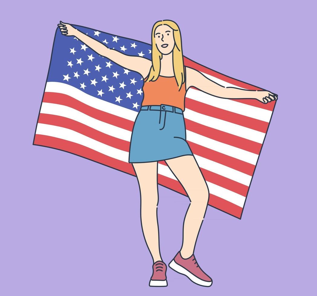 4 juli självständighetsdagen frihet demokrati koncept ung upphetsad glad kvinna håller en stor usa flagga och firar platt vektorillustration vektor