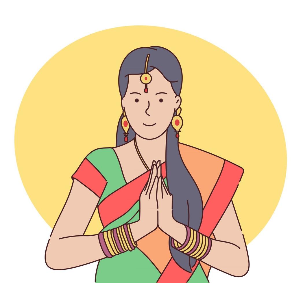 Teej Festival Feier Konzept traditionelle indische Frau Händchen haltend in Gebetsposition Vector Illustration