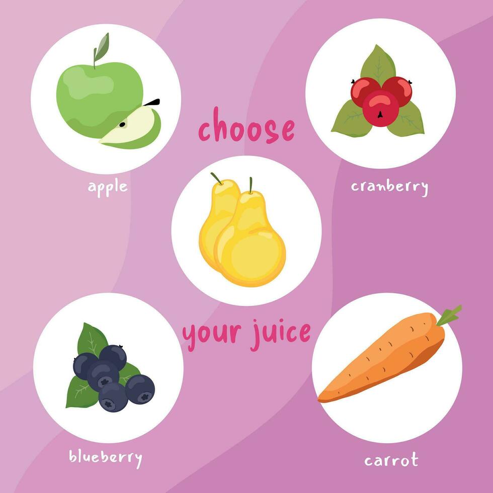 välja din juice affisch med olika juice smaker vektor