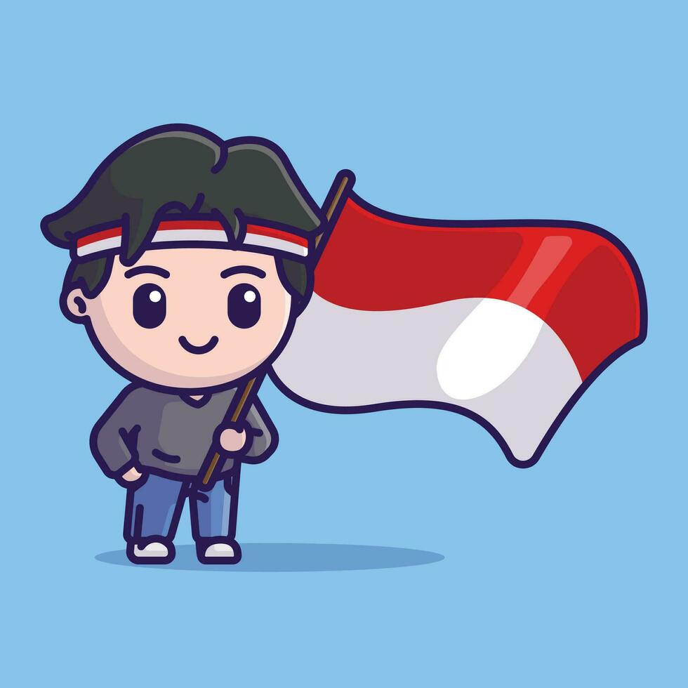 süß Junge halten indonesisch Flagge Karikatur Vektor Illustration feiern Symbol