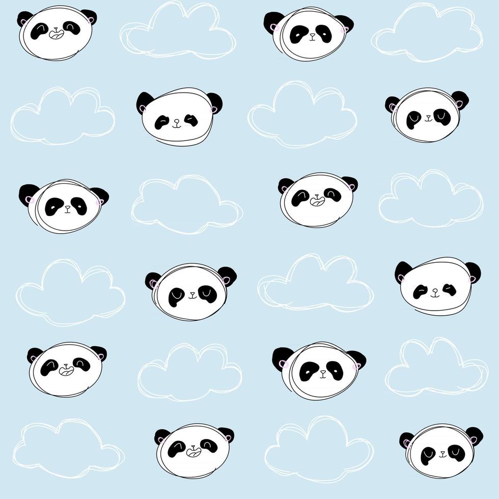 süßes pastellblaues Muster mit Linie Doodle Panda mit Wolken nahtlose Hintergrundtextilien für Kinder Minimalismus Papiereinklebebuch für Kinder vektor