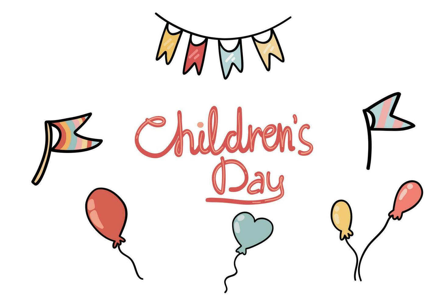 barns dag hand dragen ballonger och band vektor