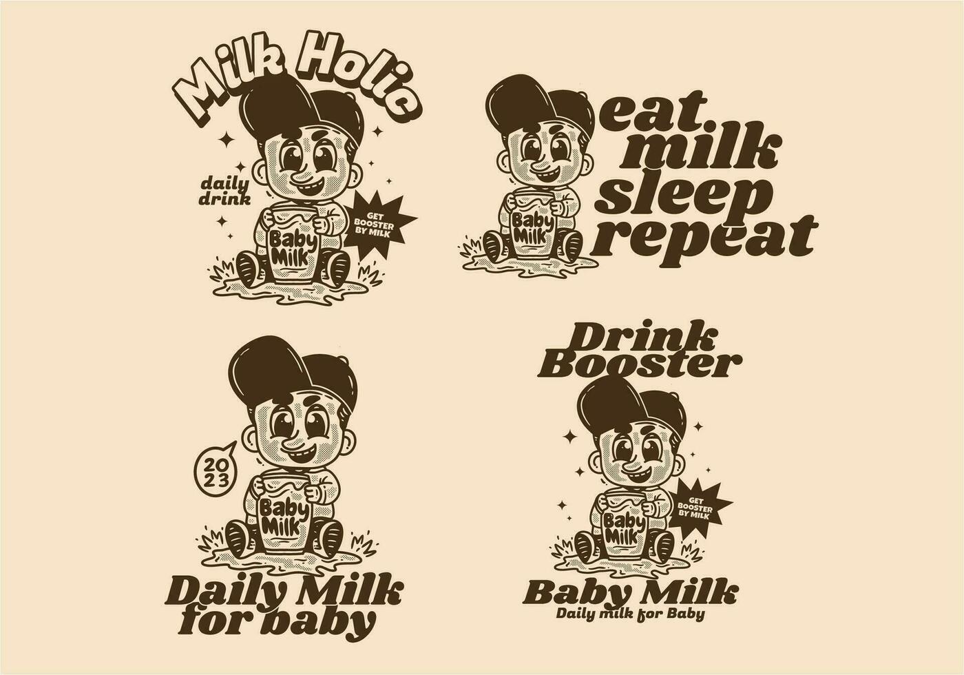 Jahrgang Zeichnung von Baby Charakter halten ein Glas von Milch vektor